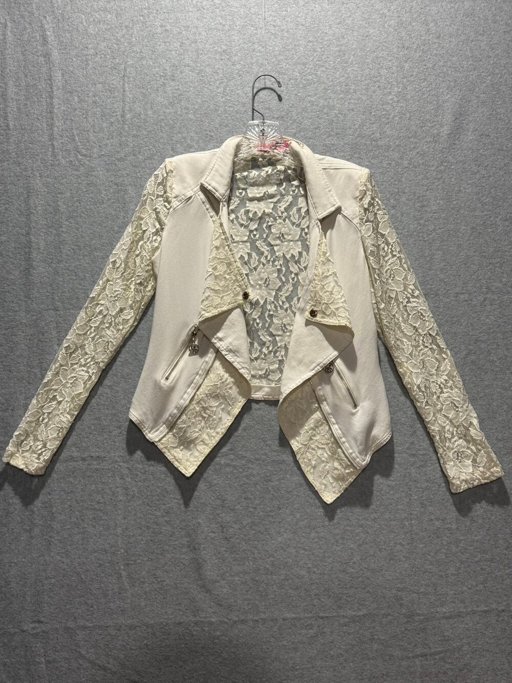 Yes Miss Omai Women's Cream Lace Moto Jacket Draped Zip Pockets Y2K
